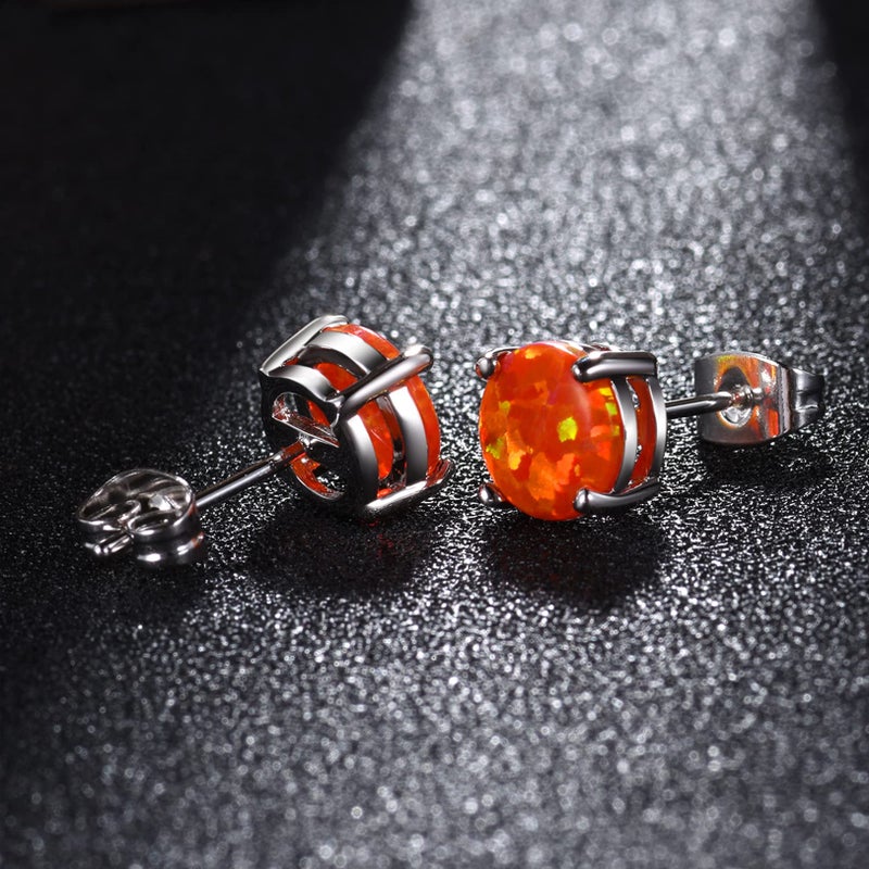 CERSLIMO 18K White Gold Plated Fire Opal Stud Earrings Birthstone Earrings For Women 8mm (Orange) - Image 4